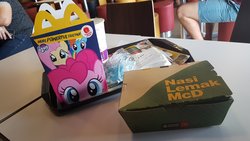 Size: 2048x1152 | Tagged: safe, photographer:nasilemak, fluttershy, pinkie pie, rainbow dash, g4, food, happy meal, malaysia, mcdonald's, nasi lemak, peekaboo, rice