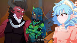 Size: 1280x720 | Tagged: safe, artist:jonfawkes, cozy glow, lord tirek, queen chrysalis, human, g4, the ending of the end, clothes, digital art, elf ears, female, horn, horned humanization, humanized, scene interpretation, trio, ultimate chrysalis, winged humanization, wings