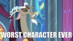 Size: 2000x1125 | Tagged: safe, edit, edited screencap, screencap, discord, g4, the ending of the end, canterlot castle, canterlot throne room, caption, discord drama, eyes closed, image macro, impact font, male, meme, op has a point, op is a duck, op is trying to start shit, solo, stained glass, text