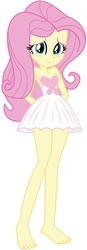 Size: 298x858 | Tagged: safe, artist:marcorulezzz, edit, editor:thomasfan45, vector edit, fluttershy, equestria girls, g4, adorable face, bare shoulders, barefoot, blushing, clothes, cute, dress, feet, female, hands behind back, legs, sexy, shyabetes, simple background, solo, vector, white background