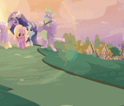 Size: 704x600 | Tagged: safe, screencap, luster dawn, rarity, spike, twilight sparkle, alicorn, dragon, earth pony, pony, unicorn, g4, the last problem, animated, cropped, cute, gif, gigachad spike, goodbye, hopping, horses doing horse things, jumping, lusterbetes, older, older rarity, older spike, older twilight, pronking, twilight sparkle (alicorn)