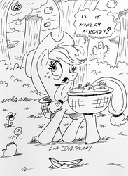 Size: 2595x3547 | Tagged: safe, artist:debmervin, applejack, pony, worm, g4, apple, banana, derp, female, food, high res, monochrome, pear, pumpkin, silly, silly pony, solo, tired, traditional art, who's a silly pony