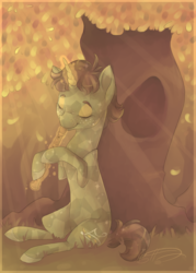 Size: 687x957 | Tagged: safe, artist:kaydreamer, oc, oc only, pony, unicorn, crepuscular rays, dappled sunlight, eyes closed, female, flute, musical instrument, sitting, smiling, solo, tree