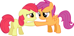 Size: 6650x3240 | Tagged: safe, artist:pangbot, edit, editor:slayerbvc, vector edit, apple bloom, scootaloo, earth pony, pegasus, pony, g4, accessory-less edit, female, filly, missing accessory, simple background, solo, transparent background, vector