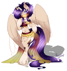 Size: 1503x1590 | Tagged: safe, artist:tawnysweet, oc, oc only, alicorn, semi-anthro, alicorn oc, arm hooves, belly dancer, belly dancer outfit, signature, solo, unshorn fetlocks