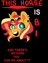 Size: 400x515 | Tagged: safe, artist:pcktknife, sunset shimmer, pony, unicorn, g4, bisexuality, black background, caption, ear piercing, earring, female, image macro, jewelry, mare, meme, open mouth, piercing, ponified animal photo, ponified meme, simple background, text, this cat is gay and there's nothing you can do about it