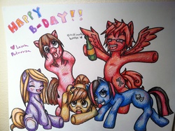Size: 2592x1936 | Tagged: safe, artist:yukiru, oc, oc only, earth pony, pegasus, pony, bottle, cross-eyed, female, freckles, glasses, happy birthday, hoof hold, male, mare, simple background, spread wings, stallion, tongue out, traditional art, underhoof, white background, wings