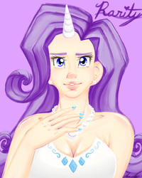 Size: 800x1000 | Tagged: safe, artist:yukiru, rarity, human, g4, bust, ear piercing, earring, female, horn, horned humanization, humanized, jewelry, looking at you, necklace, piercing, portrait, purple background, simple background, solo