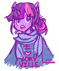 Size: 500x600 | Tagged: safe, artist:yukiru, twilight sparkle, anthro, g4, blushing, clothes, eye clipping through hair, female, heart, open mouth, scarf, signature, simple background, solo, white background