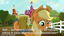 Size: 1200x675 | Tagged: safe, edit, edited screencap, screencap, applejack, earth pony, pony, g4, the super speedy cider squeezy 6000, barn, cider, female, freckles, grin, hoof hold, mare, smiling, the expanse