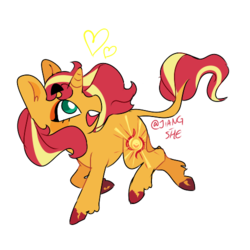 Size: 500x500 | Tagged: safe, artist:jiang-she, sunset shimmer, classical unicorn, pony, unicorn, cloven hooves, cute, female, heart, leonine tail, looking back, mare, running, shimmerbetes, simple background, solo, transparent background, unshorn fetlocks