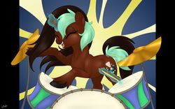 Size: 1024x640 | Tagged: safe, artist:alicemaple, oc, oc only, pony, unicorn, drummer, drums, musical instrument, solo