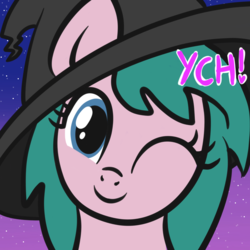 Size: 2100x2100 | Tagged: safe, artist:lannielona, oc, oc only, pony, advertisement, bust, commission, female, gradient background, happy, hat, high res, looking at you, mare, night, one eye closed, portrait, smiling, solo, stars, wink, witch hat, your character here