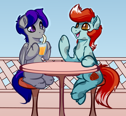 Size: 3800x3500 | Tagged: safe, artist:witchtaunter, oc, oc only, bat pony, earth pony, pony, cafe, commission, high res, sitting, smoothie, talking