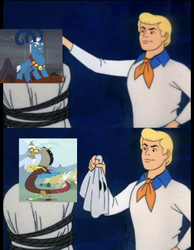 Size: 360x464 | Tagged: safe, edit, edited screencap, screencap, discord, grogar, draconequus, ghost, human, sheep, g4, the ending of the end, bedsheet ghost, fred jones, male, meme, ram, scooby-doo!