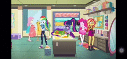 Size: 1280x592 | Tagged: safe, screencap, applejack, blueberry cake, fluttershy, henry handle, manestrum, pinkie pie, rainbow dash, rarity, sci-twi, sunset shimmer, twilight sparkle, dashing through the mall, equestria girls, equestria girls series, g4, holidays unwrapped, spoiler:eqg series (season 2), animated, discovery family, geode of empathy, geode of fauna, geode of shielding, geode of sugar bombs, geode of super speed, geode of telekinesis, glasses, humane five, humane seven, humane six, magical geodes, promo, sound, webm