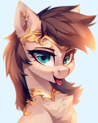 Size: 2400x3000 | Tagged: safe, artist:share dast, oc, oc only, oc:kuri, pegasus, pony, bust, chest fluff, female, high res, looking at you, mare, piercing, solo, tongue out