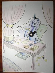 Size: 3024x4032 | Tagged: safe, artist:stink111, princess luna, alicorn, pony, g4, female, inkwell, pillow, quill, scroll, solo, table, traditional art