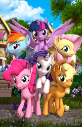 Size: 2160x3336 | Tagged: safe, artist:muhjob, applejack, bon bon, fluttershy, lyra heartstrings, pinkie pie, rainbow dash, rarity, starlight glimmer, sweetie drops, trixie, twilight sparkle, alicorn, earth pony, pegasus, pony, unicorn, g4, 3d, applejack's hat, bench, clothes, colored eyebrows, cowboy hat, end of ponies, eyeshadow, female, flying, group, happy birthday mlp:fim, hat, high res, horn, makeup, mane six, mare, mlp fim's ninth anniversary, park bench, ponyville, rearing, revamped ponies, smiling, source filmmaker, tongue out, twilight sparkle (alicorn), wings