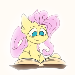 Size: 4000x4000 | Tagged: safe, artist:antimationyt, fluttershy, pegasus, pony, g4, the last problem, absurd resolution, bags under eyes, book, book of harmony, bust, chest fluff, female, looking at something, looking down, mare, no pupils, older, older fluttershy, reading, simple background, smiling, solo, white background