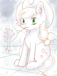 Size: 600x800 | Tagged: safe, artist:sunnzio, applejack, earth pony, pony, g4, apple, apple tree, chest fluff, female, hat, mare, sitting, sketch, straw in mouth, tree
