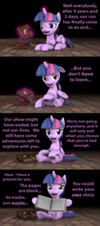 Size: 1200x2702 | Tagged: safe, artist:pika-robo, twilight sparkle, alicorn, pony, g4, the ending of the end, 3d, black background, book, comic, end of an era, end of ponies, looking at you, purple text, simple background, source filmmaker, talking to viewer, text, twilight sparkle (alicorn)