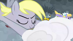 Size: 1280x720 | Tagged: safe, screencap, cloud kicker, derpy hooves, fleetfoot, gabby, griffon, pegasus, pony, g4, the ending of the end, beware the nice ones, cloud, epic derpy, epic gabby, flying
