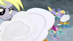 Size: 1280x720 | Tagged: safe, screencap, blaze, cloud kicker, derpy hooves, fleetfoot, prominence, changedling, changeling, dragon, pegasus, pony, g4, the ending of the end, cloud, epic derpy, flying, wonderbolts