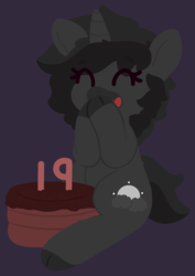 Size: 2230x3153 | Tagged: safe, artist:moonydusk, oc, oc only, oc:moonlight disk, pony, unicorn, birthday candles, cake, eyes closed, female, food, high res, mare, simple background, sitting