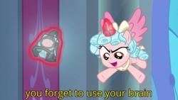 Size: 1366x768 | Tagged: safe, edit, edited screencap, screencap, cozy glow, alicorn, pony, g4, the ending of the end, alicornified, bow, cozycorn, female, filly, forget to use your brain meme, glowing horn, grogar's bell, horn, magic, meme, meme template, race swap, solo, tail bow, telekinesis