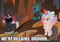 Size: 960x683 | Tagged: safe, edit, edited screencap, screencap, cozy glow, lord tirek, queen chrysalis, alicorn, centaur, changeling, changeling queen, pony, g4, the ending of the end, alicornified, bow, caption, card carrying villain, cloven hooves, cozycorn, cropped, evil grin, female, filly, grin, hair bow, image macro, male, nose piercing, nose ring, piercing, race swap, septum piercing, smiling, tail bow, text, trio, ultimate chrysalis, we're villains duh