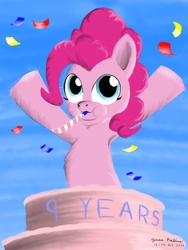 Size: 1800x2400 | Tagged: safe, artist:rockhoppr3, pinkie pie, earth pony, pony, g4, armpits, cake, female, food, happy birthday mlp:fim, mare, mlp fim's ninth anniversary, solo