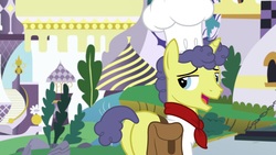 Size: 1920x1080 | Tagged: safe, screencap, stove comet, pony, unicorn, g4, the ending of the end, chef's hat, hat, looking back, male, saddle bag, solo, stallion
