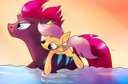 Size: 1600x1058 | Tagged: safe, artist:northernlightsone, scootaloo, tempest shadow, pegasus, pony, unicorn, g4, broken horn, duo, female, filly, horn, mare, ponies riding ponies, riding, scootalove, water