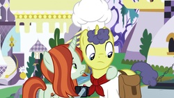 Size: 1920x1080 | Tagged: safe, screencap, crackle cosette, queen chrysalis, stove comet, pony, g4, the ending of the end, chef's hat, disguise, disguised changeling, hat, male, saddle bag, stallion