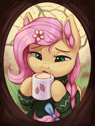 Size: 1300x1720 | Tagged: safe, artist:mrscroup, fluttershy, pegasus, pony, g4, blushing, chocolate, clothes, cup, cute, female, flower, flower in hair, food, hot chocolate, mare, shyabetes, solo, sweater, when you see it