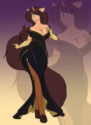 Size: 931x1280 | Tagged: safe, artist:toughset, oc, oc only, oc:amiona, unicorn, anthro, abstract background, anthro oc, big breasts, breasts, cleavage, clothes, dress, eye clipping through hair, female, gala dress, gloves, gown, smiling, solo, stockings, thigh highs, zoom layer