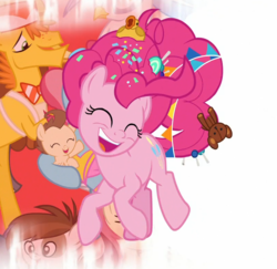 Size: 804x782 | Tagged: safe, screencap, carrot cake, cup cake, gilda, pinkie pie, pipsqueak, pound cake, roseluck, g4, the last problem, cropped, happy, older, older pinkie pie, the magic of friendship grows