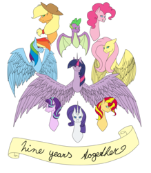 Size: 6200x7086 | Tagged: safe, artist:icicle-niceicle-1517, artist:moonlight0shadow0, color edit, edit, applejack, fluttershy, pinkie pie, rainbow dash, rarity, spike, starlight glimmer, sunset shimmer, twilight sparkle, alicorn, dragon, earth pony, pegasus, pony, unicorn, g4, applejack's hat, banner, bust, colored, cowboy hat, female, happy birthday mlp:fim, hat, male, mane seven, mane six, mare, mlp fim's ninth anniversary, simple background, spread wings, transparent background, twilight sparkle (alicorn), winged spike, wings