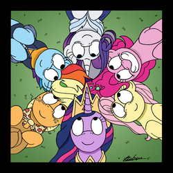 Size: 1923x1921 | Tagged: safe, artist:bobthedalek, applejack, fluttershy, pinkie pie, rainbow dash, rarity, twilight sparkle, alicorn, earth pony, pegasus, pony, unicorn, g4, the last problem, clothes, crown, grass, jewelry, looking at each other, looking at someone, mane six, older, older applejack, older fluttershy, older pinkie pie, older rainbow dash, older rarity, older twilight, older twilight sparkle (alicorn), princess twilight 2.0, regalia, twilight sparkle (alicorn)