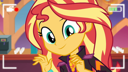 Size: 1920x1080 | Tagged: safe, screencap, sunset shimmer, equestria girls, g4, how to backstage, my little pony equestria girls: better together, camera shot, close-up, clothes, coffee machine, cute, female, jacket, looking at you, recording, selfie drone, shimmerbetes, smiling, solo