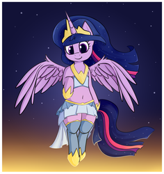Size: 3060x3240 | Tagged: safe, artist:andelai, twilight sparkle, alicorn, pony, semi-anthro, the last problem, arm hooves, belly button, clothes, crown, female, hoof shoes, jewelry, looking at you, mare, midriff, peytral, princess twilight 2.0, regalia, smiling, solo, stockings, thigh highs, twilight sparkle (alicorn), zettai ryouiki