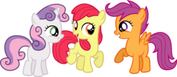 Size: 7633x3330 | Tagged: safe, artist:illumnious, edit, editor:slayerbvc, vector edit, apple bloom, scootaloo, sweetie belle, earth pony, pegasus, pony, unicorn, g4, accessory-less edit, cutie mark crusaders, female, filly, missing accessory, simple background, transparent background, trio, vector