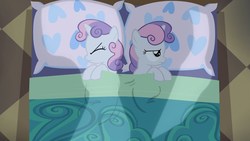Size: 1280x720 | Tagged: safe, screencap, sweetie belle, pony, unicorn, for whom the sweetie belle toils, g4, angry, bed, clone, duo, female, filly, self ponidox, sweetie belle is not amused, unamused