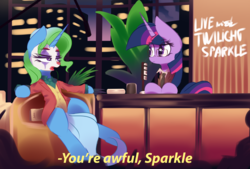 Size: 4037x2721 | Tagged: safe, artist:nevobaster, trixie, twilight sparkle, pony, unicorn, g4, arthur fleck, chair, city, clothes, crossover, dc comics, eyeshadow, face paint, female, flower, frown, glare, glasses, joker (2019), lidded eyes, makeup, mare, movie, murray franklin, necktie, parody, ponified, reference, sitting, suit, table, talk show, the joker, this will end in death, this will end in tears, this will end in tears and/or death, wide eyes