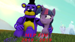 Size: 2720x1530 | Tagged: safe, artist:fazbearsparkle, twilight sparkle, oc, alicorn, pony, g4, 2010, 2019, 3d, canterlot, crossover, crying, drop, end of g4, end of ponies, five nights at freddy's, freddy fazbear, non-mlp oc, non-pony oc, source filmmaker, tears of joy, thank you, twilight sparkle (alicorn)