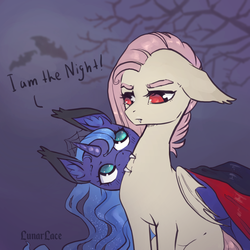 Size: 1200x1200 | Tagged: safe, artist:lunarlacepony, fluttershy, princess luna, bat pony, monster pony, pony, vampire, g4, bat ponified, biting, clothes, costume, cute, duo, fangs, female, flutterbat, fluttershy is not amused, i am the night, lunabat, lunabetes, mare, nightmare night, race swap, shyabates, shyabetes, unamused