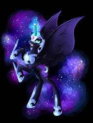 Size: 1900x2500 | Tagged: safe, artist:maryannesanctorum, nightmare moon, alicorn, pony, g4, black background, ethereal mane, female, galaxy mane, glowing horn, helmet, hoof shoes, horn, mare, open mouth, rearing, simple background, solo, starry mane