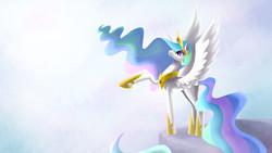 Size: 1920x1080 | Tagged: safe, artist:nicolebringas, princess celestia, alicorn, pony, g4, crown, female, hoof shoes, jewelry, mare, peytral, regalia, sky, solo, spread wings, wings