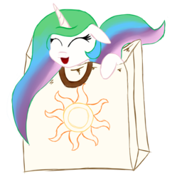 Size: 1108x1112 | Tagged: safe, artist:wut, princess celestia, pony, g4, bag, cute, cutelestia, female, mare, pony in a bag, reference, simple background, smol, solo
